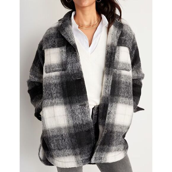Old Navy Women's Sz 3X Black Plaid Printed Flannel Long Utility Shacket - Picture 14 of 15